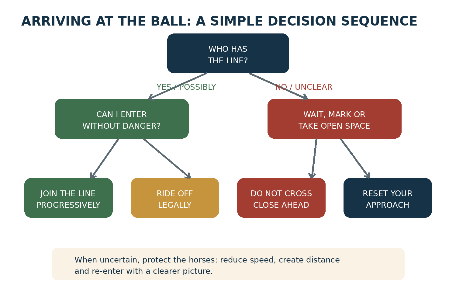 Decision tree for arriving at the ball: identify who has the line, decide whether entry is safe, then join, ride off, wait, avoid crossing or reset